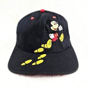 Vintage Mickey Mouse Hat Black Walt Disney Snapback Footprints Bill Made In USA